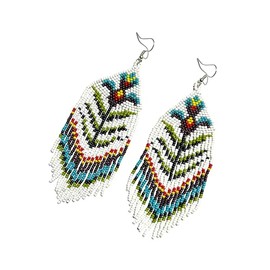 Long Beaded Dangle Earrings – Boho Native Handmade Seed Bead Tassel Bohemian Large Statement Drop Fringes for Women (Whait &)