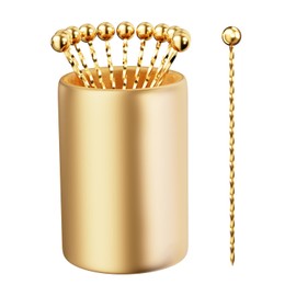 Metal Cocktail Picks 12Pack+Holder Kit, 304 Stainless Steel Toothpicks, Reusable Cocktail Skewers, Garnish Picks Bloody Mary Skewers, Martini Picks for Olives Appetizers Fruit (Golden X)