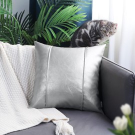 BRAWARM Silver Leather Throw Pillow Covers 18 X 18 Inches - Faux Leather Pillow Cover with Piping, Hand Stitched Leather Throw Pillow for Couch Sofa Bed Living Room Home Decorative