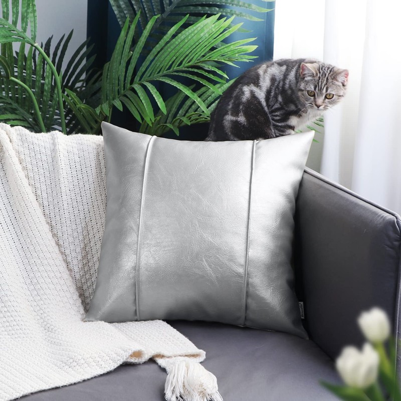 BRAWARM Silver Leather Throw Pillow Covers 18 X 18 Inches
