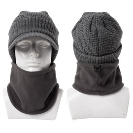 Comhats Winter Peaked Beanie Hat Men Wool Knitted Wooly Hats with Peak Visor Warm Golf Hats & Thermal Snood Fleece Neck Warmer for Ski Walking Grey L