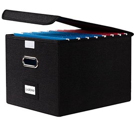 PRANDOM File Organizer Box - Set of 1 Collapsible Decorative Linen Filing Storage Hanging File Folders with Lids Office Cabinet Letter Size Black (15x12.2x10.75 inch)