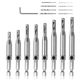 17pcs VIX Bits Self Centering Drill Bit Set - 1/4" Hex Shank Quick Change Hinge Tapper for Woodworking Door, Window, Cabinet Hinges - Includes Hex Key & 8 Bits (5/64" to 1/4")