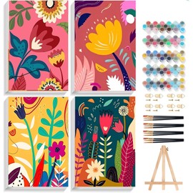 mjcakrn 4 Pack Paint by Numbers Kit for Adults with Framed, Easy Flowers Paint by Number Kits On Canvas with Wooden Easel, Adults Painting by Numbers for Beginner Home Decor 8x12inch