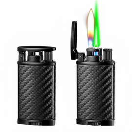 Dual Flame Butane Lighter, Windproof Jet Green Torch and Soft Flame 2-in-1, Reusable and Refillable Lighters, Vintage Leather Textured - Carbon Fiber (Fuel Not Included)