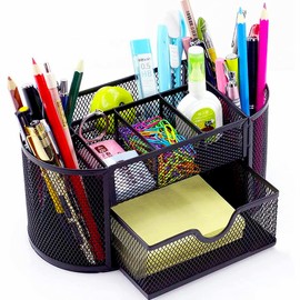 Lenfuos Schreibtisch Organizer, Mesh Metall Büro-Organizer mit Schublade und Stifthalter für Stifte, Hefter, Ordnerklammern, Haftnotizen, Platzsparendes Desk Organizer