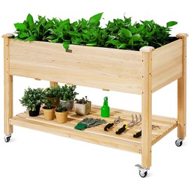 GRAFFY Raised Garden Bed with Lockable Wheels, Mobile Elevated Wood Planter Box w/Shelf, Wood Planter Box with Legs, Liner, Drain Holes, Outdoor Planting Bed, Planting Container for Patio Backyard