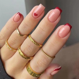 Valentine's Day Press on Nails Medium Square Fake Nails with Red French Tip Designs Heart Nails Press ons Glossy Glue on Nails Nude False Nails Valentines Stick on Nails for Women 24Pcs