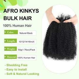 poetically 14 Inch Afro Kinkys Bulk Human Hair Natural Black Afro Kinky-Curly Human Hair Bulk for Twist/Dreadlock Extensions/Repair Locs/Braids 50g Mini Twist Braiding Hair