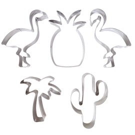 "Honbay 5PCS Stainless Steel Cookie Cutters Set Hawaiian Cookie Molds for Tropical Themed Party, Cactus, Pineapple, Flamingos, Palm Tree"