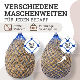 Esposita Large Hay Net for Horses, Hay Bag, Hay Net, Tight Mesh, 3 x 3 cm, Blue with Rings and Carabiner Hook, Hay Net Horse Hay Bag for Horses