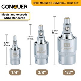 CONQUER Magnetic 2-Stage Universal Joint Socket Extension Set – 1/4", 3/8" & 1/2" Drive CR-MO Steel Adapters with Swivel & Fixed Positions, Magnetic Tip for Automotive, Mechanic & DIY Repairs