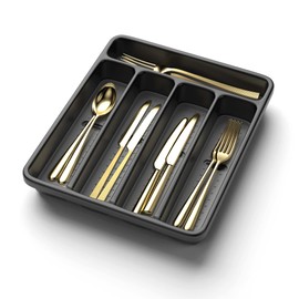 WEBACOO Drawer Organizer for Utensil Tray, Cutlery Holder and Kitchen Drawer Organizer, Drawer Dividers Organizer for Silverware & Flatware with 5 Large Slots, Tableware Storage for Knives-Black