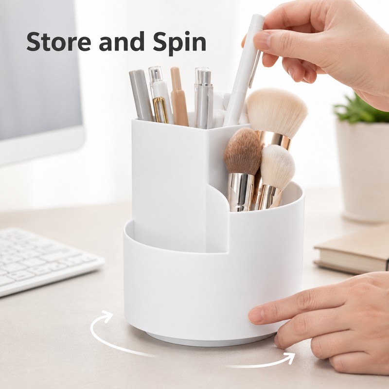 Rotating Pen Holder for Desk Organization - 3-Compartment Storage for