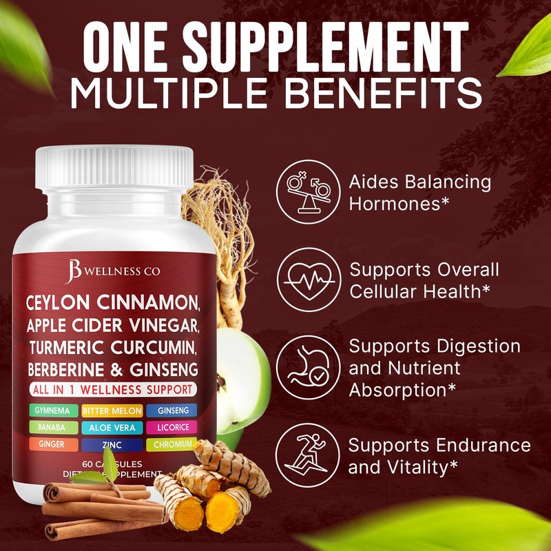 Ceylon Cinnamon, Turmeric, ACV, Ginseng, Aloe Vera, Berberine Plus Banaba,