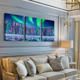Lapremoly Canvas Wall Art For Living Room Wall Decorations For Bedroom Stretched And Framed Canvas Prints Paintings Aurora Scenery Pictures 3 Piece Bathroom Wall Decor Ready To Hang For Home Decor