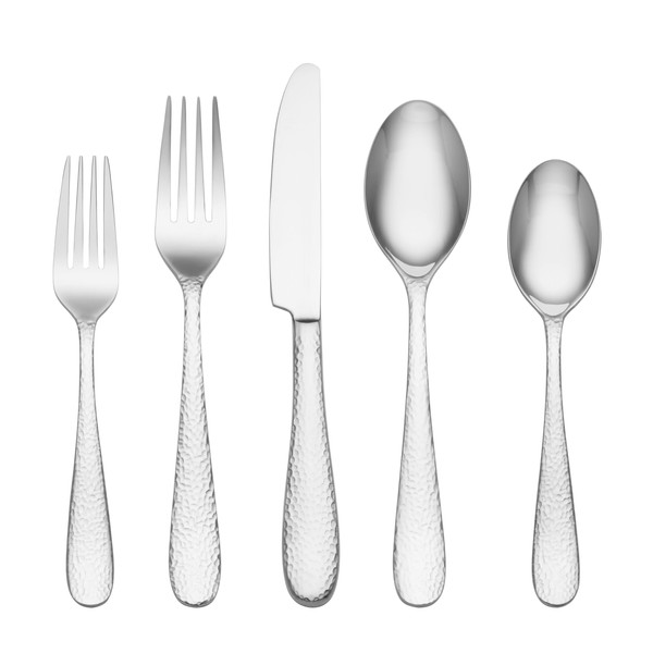 Cambridge Rendezvous Mirror Hammered Piece Flatware Set, 20 Count, Metallic