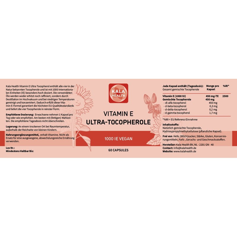 Kala Health Vitamin E 1000 IU Ultra Tocopherol 450mg Vitamin