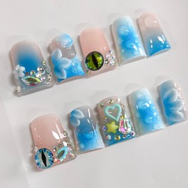 Handmade Press on Nails Short Duck 3D Floral Thick Acrylic Fake Nails French Tip False Nails with Rhinestones Flower Eyes Charms Designs Nail Blue Sturdy Art Press on Nail 10Pcs(M)
