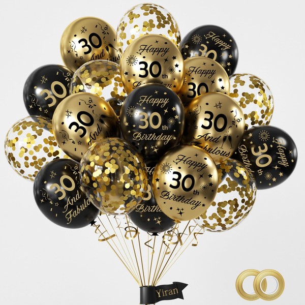 Yiran 30th Birthday Balloons, Black Gold Number 30 Balloons, 15Pcs