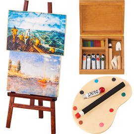 Skylety 3 Pieces Miniature Dollhouse Accessories Wooden Easel Dollhouse Furniture Decoration Set Includes Miniature Palette Watercolor Box Easel Miniature Dollhouse Furniture Painting for Dolls