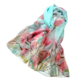 Shanlin Bufandas florales súper grandes de tacto de seda para mujer en caja de regalo, Tulips-azul-rojo, 73” x 35” (185x90cm)