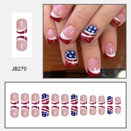 24Pcs 4th of July Press on Nails Short Square Fake Nails Independence Day False Nails Acrylic Artificial Nails American Flag Nails Design Glue on Nails for Women French Tip Manicure Decorations