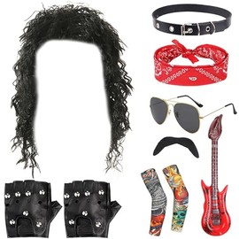 Ultimate 1980s Rock Star Costume for Men – 7‑Piece Inflatable Guitar Kit with Gloves, Bandana, Sunglasses & Tattoo Sleeve