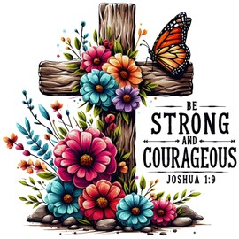 Be Strong and Courageous Sticker Set of 3 – Christian Holographic Bible Verse Stickers with Floral Cross and Butterfly – Waterproof Vinyl Faith Sticker for Laptop, Kindle, Water Bottle, Journal