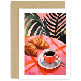 Artwork Greeting Card for Her - Croissant and Coffee - Happy Birthday Cards for Women - Thinking of You Card - Just Because Friendship Card for Her - Pastel Pink Red Foliage Card - Blank Inside