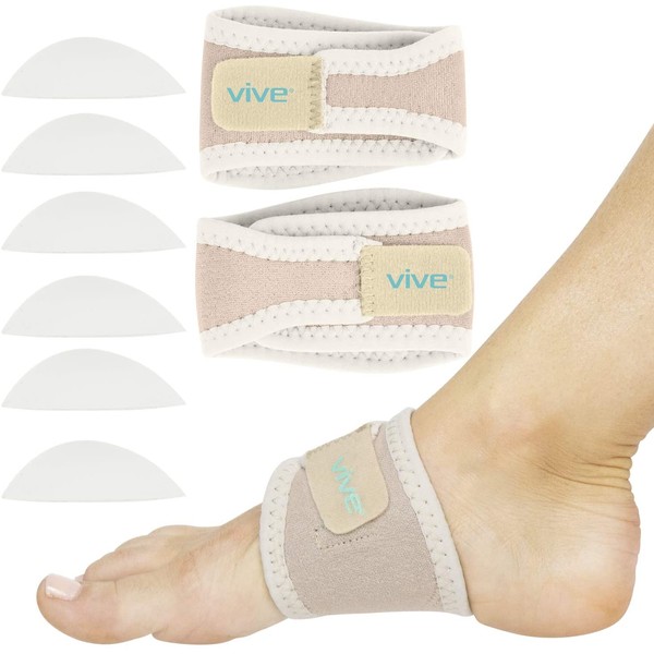 Vive Arch Support Brace (Pair) - Plantar Fasciitis Gel Strap for Men, Woman - Orthotic Compression Support Wrap Aids Foot Pain, High Arches, Flat Feet, Heel Fatigue - Insert for Under Socks (Beige)