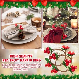 KAHEIGN Pack of 12 Christmas Napkin Rings Red Berries Napkin Holder for Christmas, Rustic Christmas Napkin Rings Holder for Party Table Decoration