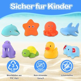 Pack of 9 Bath Toys, Bath Toy Baby from 1 Year, 8 Animals Plus 1 Fishing Net (Contains 2 Thermochromic Animals), Water Toy Children, Suitable for Boys and Girls