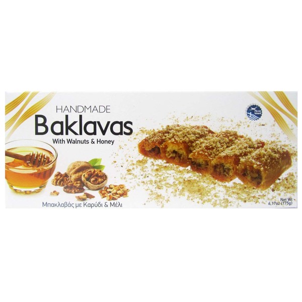 Handmade Baklavas - All Natural - Choose Your Favorite Filling - Imported from Greece - Candianuts - 6.17 oz box with 5 pieces (With Honey & Walnuts)