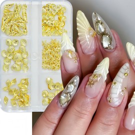 6 Grids Beach Nail Charms Gold Conch Shell Nail Rhinestones Cute Shells Conchs Seahorse Starfish Design Nail Art Charms Flat Back Gold Nail Gems Ocean Style Metal Nail Jewels for Women DIY Accessories