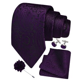 Gusleson Mens Dark Purple Tie for Wedding Solid Silk Paisley Necktie Pocket Square Cufflinks and Lapel Pin Brooch Set (UK6103-23)