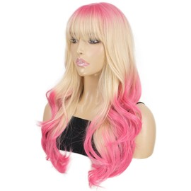 onemily 26Inch Pink Wigs Long Wavy Pink Mixed Blonde Wig with Bang for Women Synthetic Cosplay Wigs for Daily Party Use