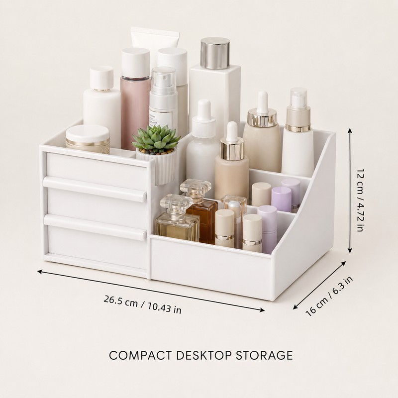 White Plastic Makeup Organizer with Drawers and Compartments