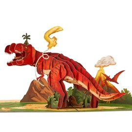 POPWOW Happy 4th Birthday Pop Up Card, Dinosaur, T-Rex, Volcano, 3D Greeting Card, Gifts for Kids, Toddler, Children, Son, Grandson, 5x7 - Includes Envelope And Message Note
