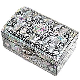 MADDesign Mother of Pearl Decorative Trinket Jewelry Box Silver Black Cranes