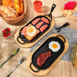 Yiyiring 4 Pcs Cast Iron Fajita Skillet Pan Set Sizzling Steak Plate with Wooden Base and Removable Handle Cast Iron Grill Frying Pan for Home Restaurant Kitchen Cooking (12 x 6.3 Inch)