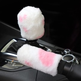 3Pcs Fluffy Cow Steering Wheel Cover Soft Furry Plush Winter Warm Vehicle Car Steering Wheel Protector Warmer with Handbrake Gear Shift Plush Cover Universal Auto Steering Wheel Cover Fit 37-38cm