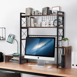 usego Computer Desktop Bookcase 3-Tier Multipurpose Desk Hutch Bookshelf Countertop Display Shelf with Adjustable Wood Rack Organizer for Office Supplies Home Dormitory- Brown