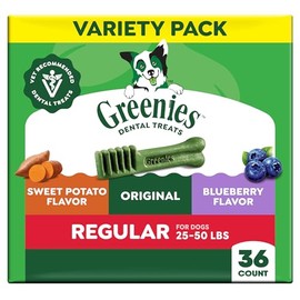 Greenies Veterinarian-Recommended Natural Dental Dog Treats, Dental Chews for Dogs, Regular Size, Variety Pack, (3) 12 oz. Packs, 36 Count