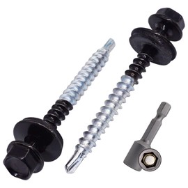 SKIR'CO (20 pcs) Painted Roofing Screws, 4.8 x 50 mm Self-Drilling Screws With EPDM Washers, Hex Head (Jet Black, RAL 9005)