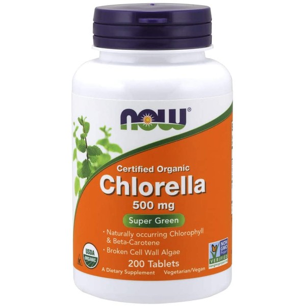 NOW Supplements, Organic Chlorella 500 mg with naturally occurring Chlorophyll, Beta-Carotene, mixed Carotenoids, Vitamin C, Iron and Protein, 200 Tablets