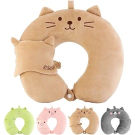 KELRICER Kids Travel Pillow, Cute Travel Neck Pillow with Eye Mask, Memory Foam Cute Travel Pillow for Kids, Kids U-Shaped Neck Pillow for Travelling, Sleeping, Airplane, Home & Office (Brown)