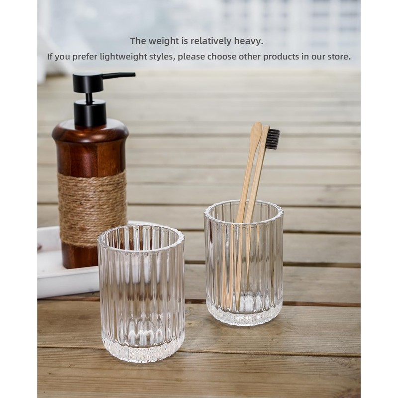 2 piece Simple Transparent Vertical-Striped Bathroom Glass Toothbrush Cup and