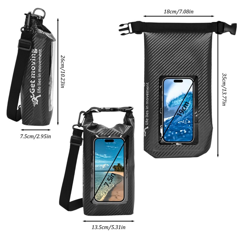 FESSOSKO 2L Black Waterproof Pack Sack - Adjustable Shoulder Strap