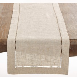 SARO LIFESTYLE Toscana Collection Poly and Linen Blend Table Runner with Hemstitch Border, 16" x 90", Natural
